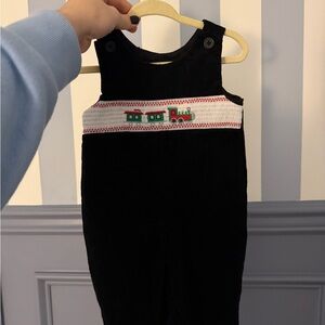 Black Corduroy Overalls with Train Embroidery